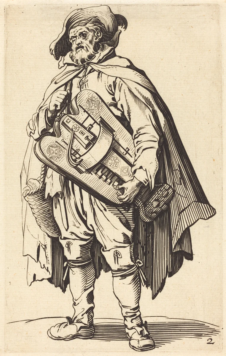 The Hurdy-Gurdy Player by Jacques Callot, print, 1622-1699