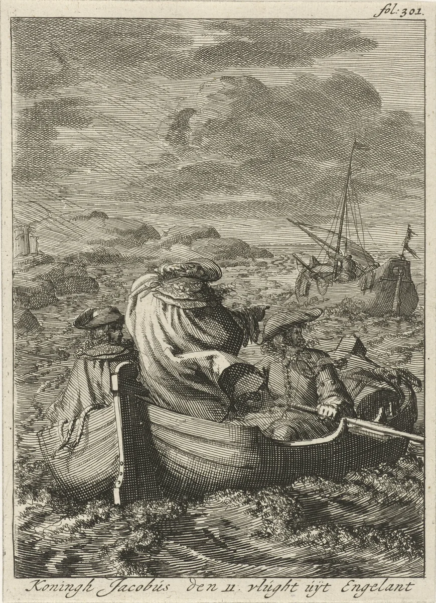 Vlucht van koning Jacobus II, 1688 by Jan Luyken, print, 1689