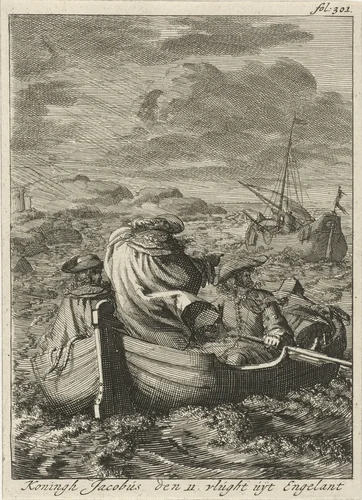 Vlucht van koning Jacobus II, 1688 by Jan Luyken, print, 1689