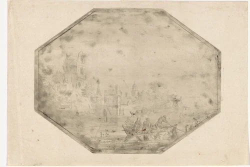 Rivierlandschap met een stadsgezicht by anonymous, print, 1650