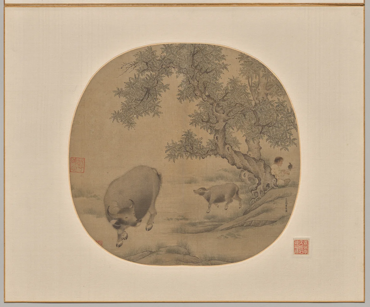 Man, Buffalo, and Calf by Li You, painting, 1145