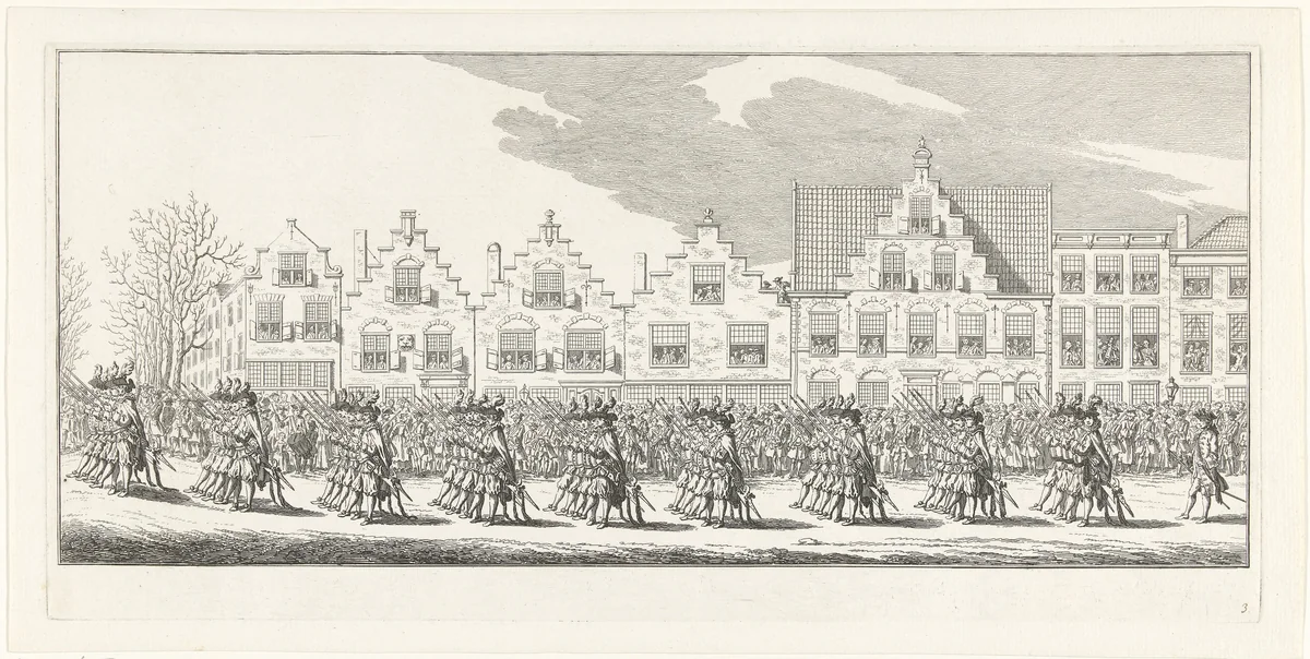 Zwitserse Garde in de lijkstoet van Anna van Hannover te Delft, 1759 by Simon Fokke, print, 1759-1761