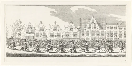 Zwitserse Garde in de lijkstoet van Anna van Hannover te Delft, 1759 by Simon Fokke, print, 1759-1761