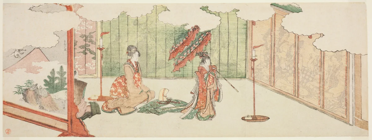 Young girl dancing at nobleman's mansion by Katsushika Hokusai (葛飾 北斎), print, 1805