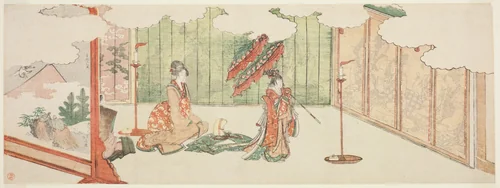 Young girl dancing at nobleman's mansion by Katsushika Hokusai (葛飾 北斎), print, 1805
