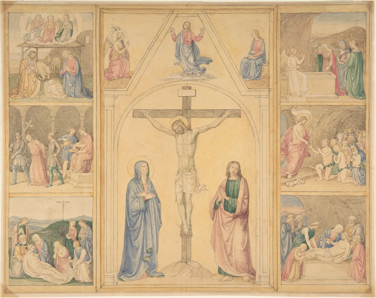 Christ on the Cross with Six Scenes from the Life of Christ by Eduard Jakob von Steinle, drawing, 1845-1855
