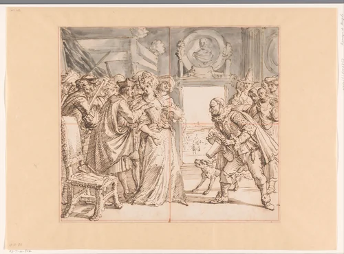 Design for a Broadside on the Persecution of Protestants by Louis XIV (‘Beautiful Constance Dragooned by Harlequin Deodat’) by Romeyn de Hooghe, drawing, 1688