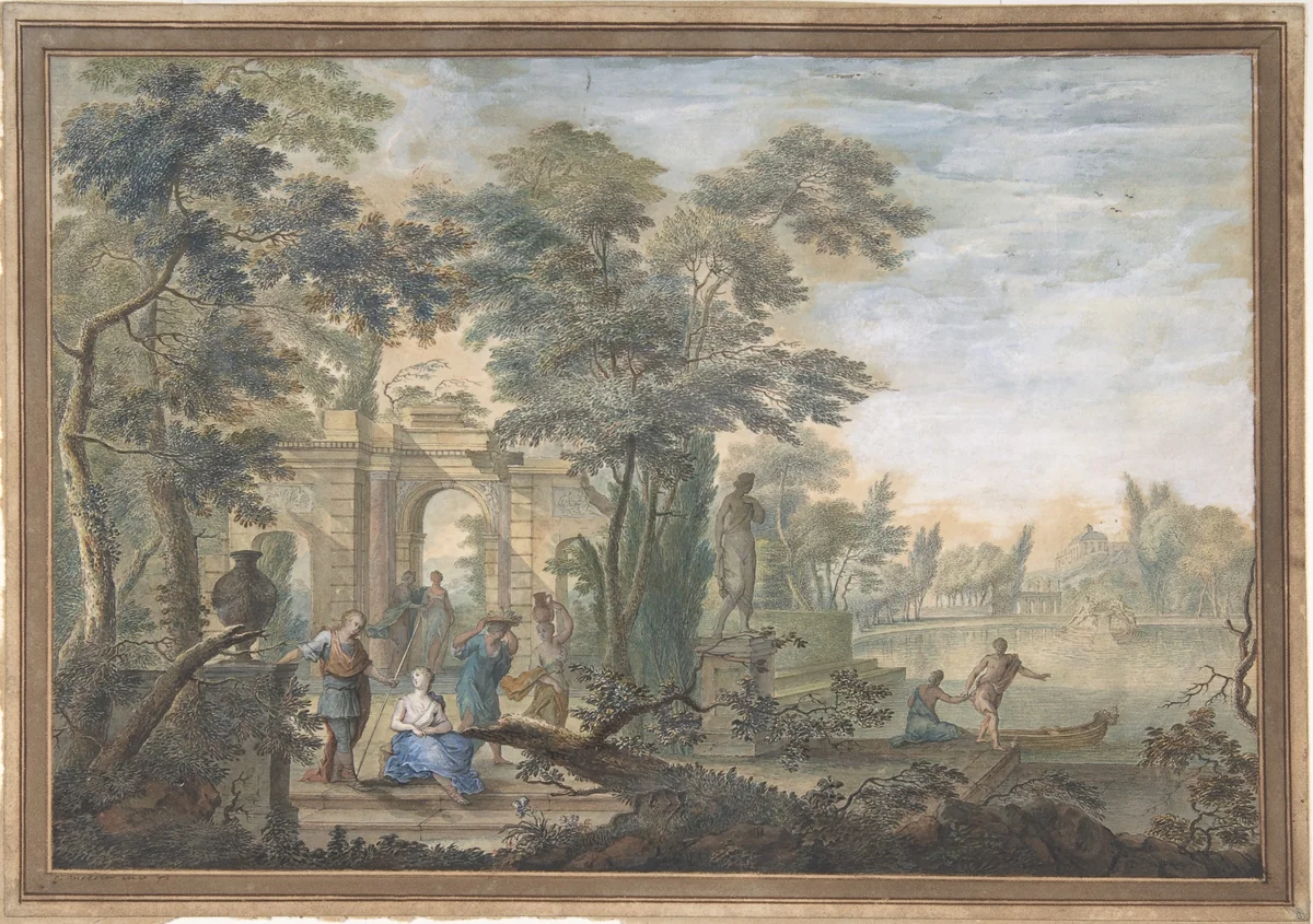 Arcadian Landscape with several Figures and a Statue of Diana by Gerard Melder, drawing, 1700-1754
