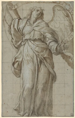 Standing Angel Holding a Scroll by Giovanni Domenico Caresana, drawing, 1609-1619