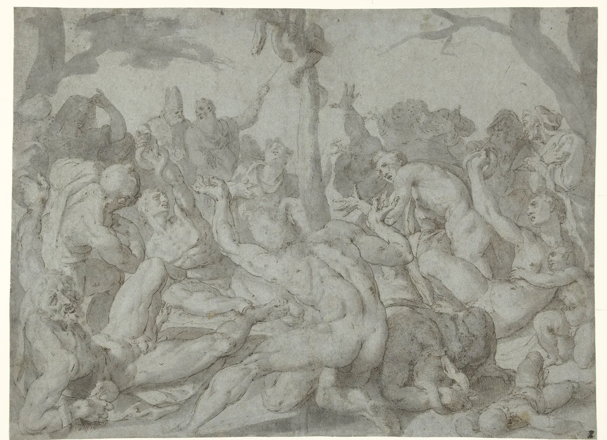 Oprichting van de koperen slang by anonymous, drawing, 1550-1599