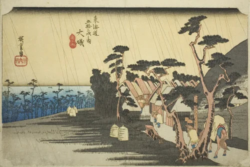 Oiso: Tora's Rain (Oiso, Tora ga ame), from the series "Fifty-three Stations of the Tokaido Road (Tokaido gojusan tsugi no uchi)," also known as the Hoeido Tokaido by Utagawa Hiroshige (歌川広重), print, 1828-1839