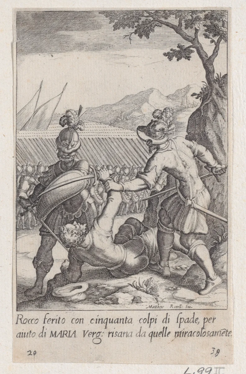 Rocco, from Scelta d'Alcuni Miracoli e Grazie della Santissima Nunziata di Firenze (Selection of Some Miracles and Graces that Occurred in the Church of the Annunziata in Florence) by Jacques Callot, print, 1611-1619