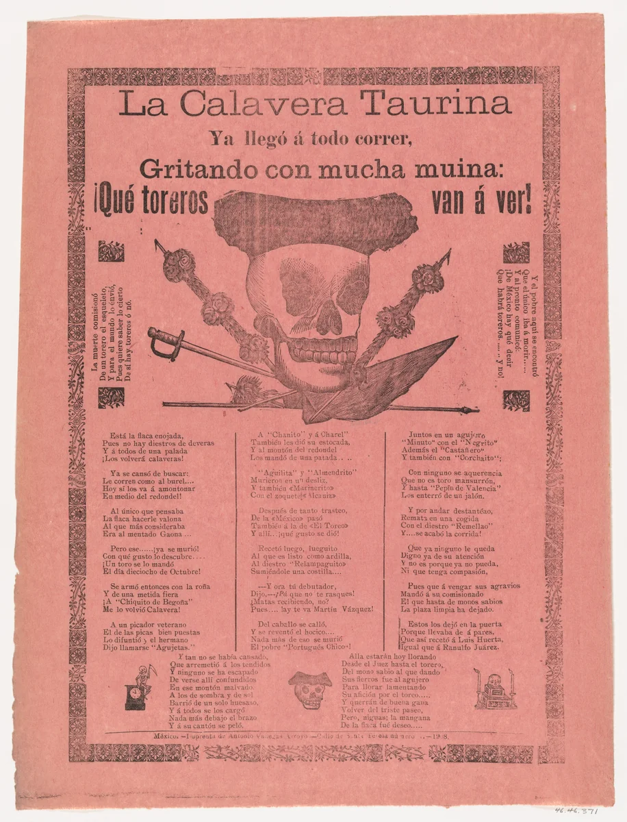Broadsheet relating to the bullfighting calavera who has arrived at full speed, screaming with much energy by José Guadalupe Posada, print, 1908