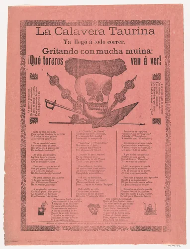 Broadsheet relating to the bullfighting calavera who has arrived at full speed, screaming with much energy by José Guadalupe Posada, print, 1908