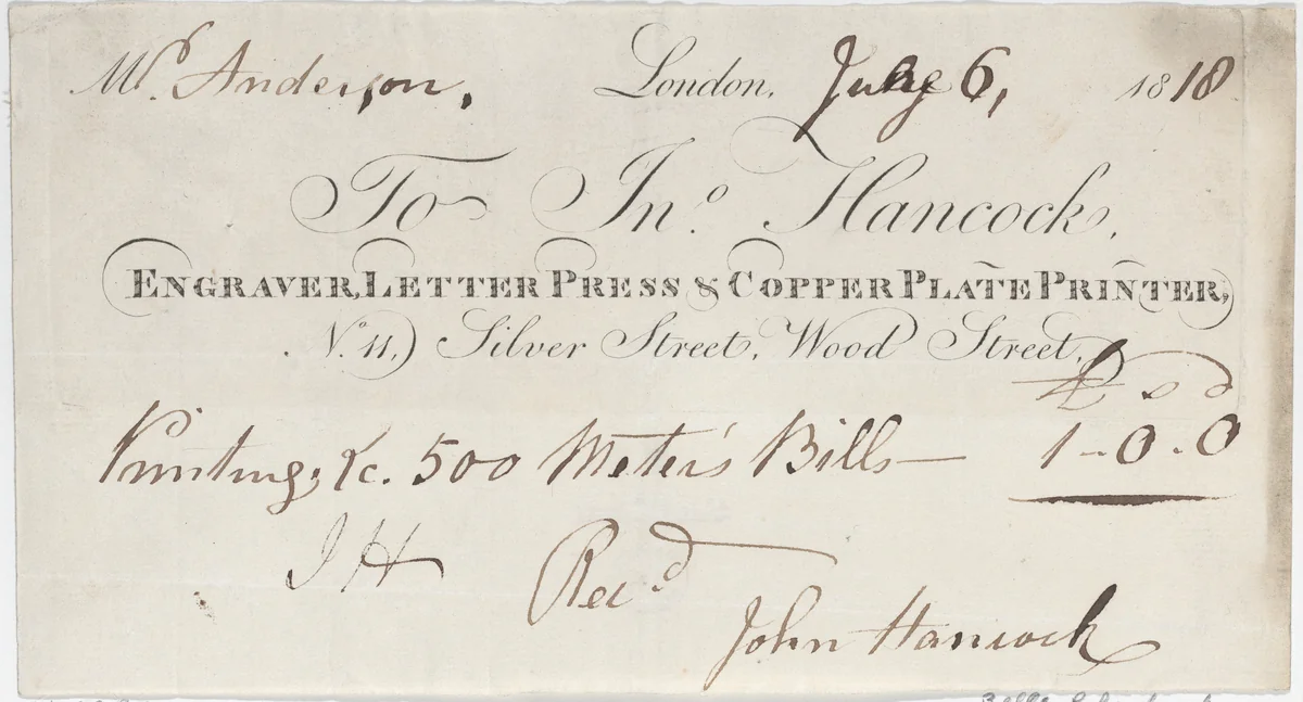 Trade Card for John Hancock, Engraver, Letter Press & Copper Plate Printer by anonymous, print, 1818