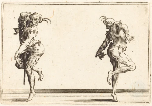 Two Pantaloons Dancing by Jacques Callot, print, 1622