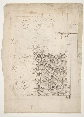 Temple of Castor and Pollux, soffit panel, ceiling plan (recto) Unidentified, stucco or fresco, details (verso) by anonymous, drawing, 1500-1560