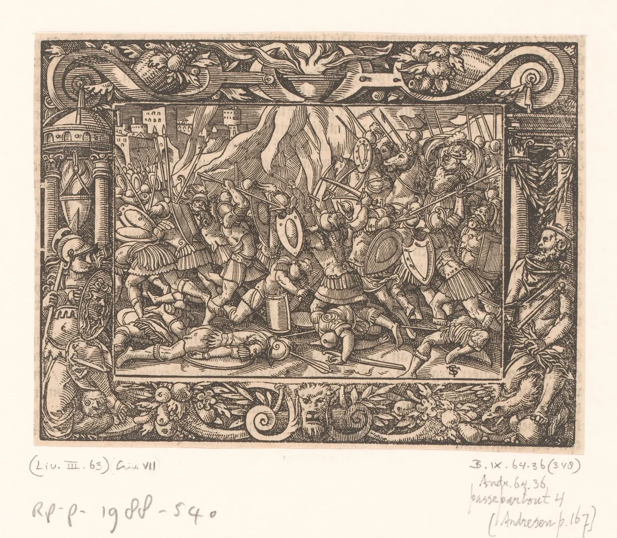 Veldslag tussen de Romeinen en de Samnieten by anonymous, print, 1574