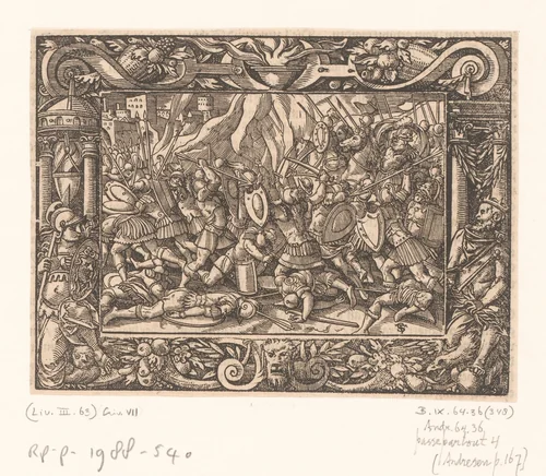 Veldslag tussen de Romeinen en de Samnieten by anonymous, print, 1574