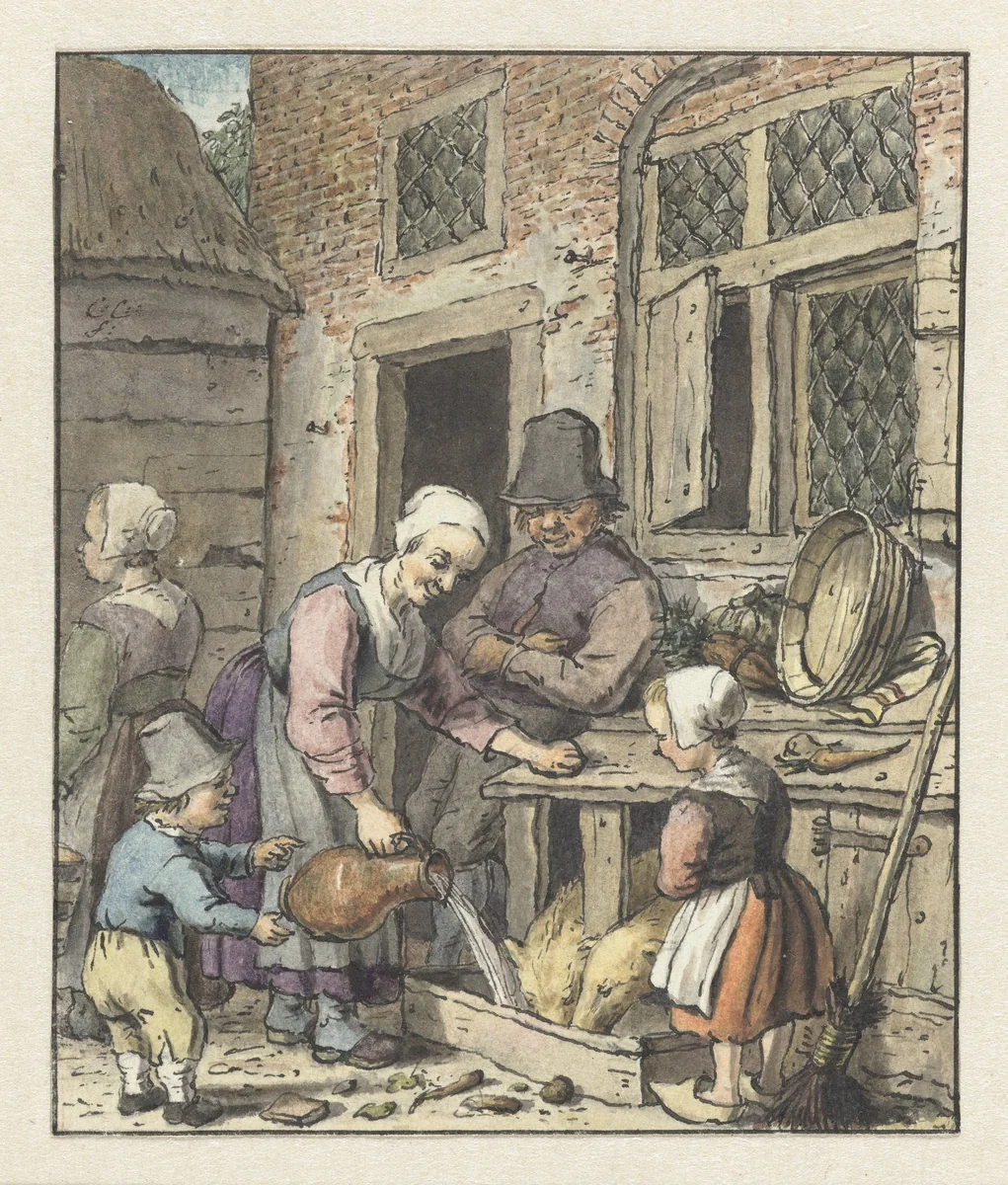 Boerenfamilie bij het voeren van de varkens by Christina Chalon, drawing, 1758-1808