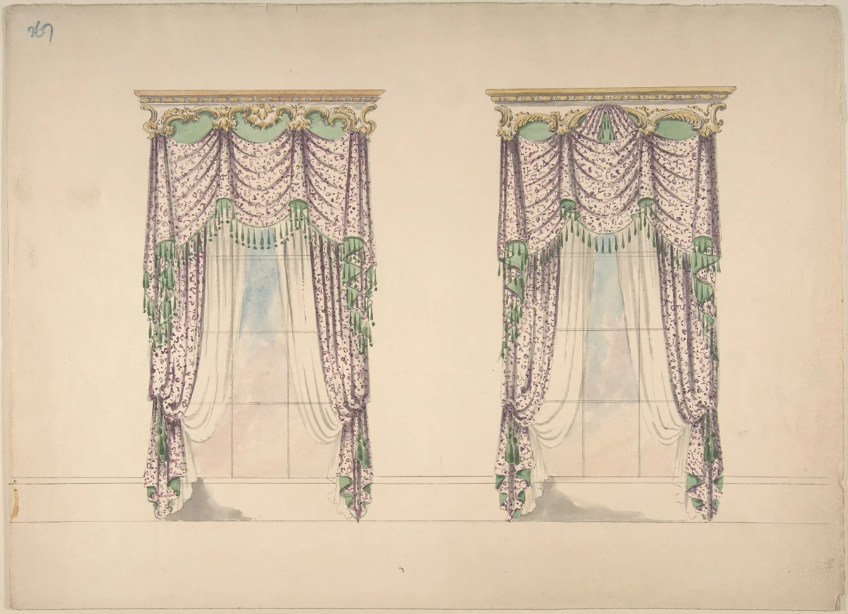 Design for Pink and White Curtains with Green Fringes, and Gold and White Pediments by anonymous, drawing, 1815-1825