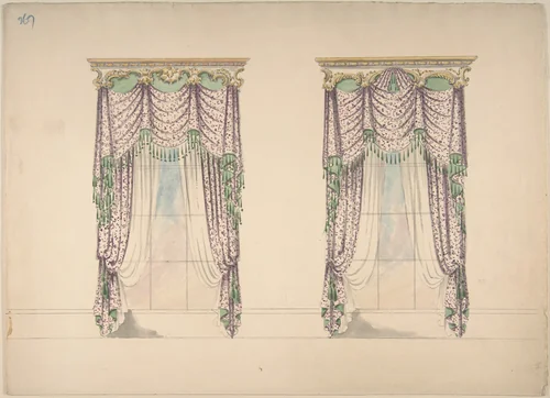 Design for Pink and White Curtains with Green Fringes, and Gold and White Pediments by anonymous, drawing, 1815-1825