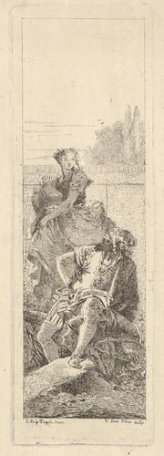 A bearded, seated man looks over his right shoulder toward a child and woman bearing a vessel, possibly a variation on a theme of Armida and Adraste from "Jerusalem delivered" (Gerusalemme liberata) by Giovanni Domenico Tiepolo, print, 1750-1755