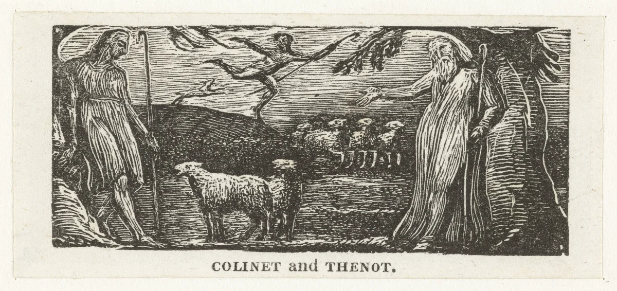 Thenot en Colinet discussiëren, Lightfoot op de heuvel by William Blake, print, 1820-1821