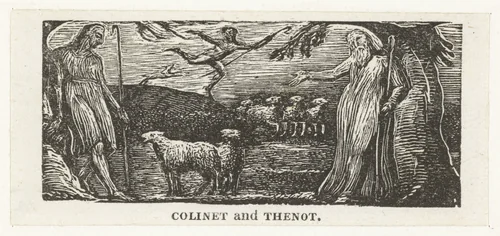 Thenot en Colinet discussiëren, Lightfoot op de heuvel by William Blake, print, 1820-1821