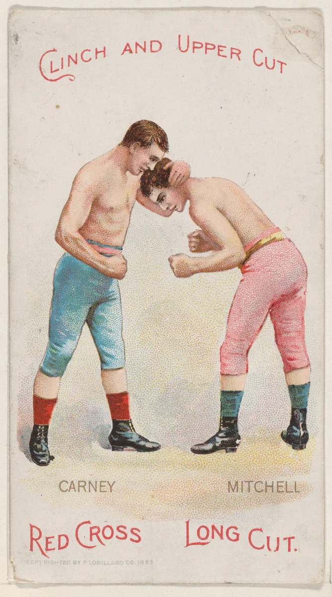Clinch and Upper Cut, Jemmy Carney and Jemmy Mitchell, from the Boxing Positions and Boxers series (N266) issued by P. Lorillard Company to promote Red Cross Long Cut Tobacco by P. Lorillard Company, print, 1893