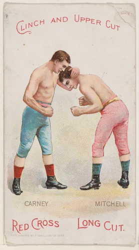 Clinch and Upper Cut, Jemmy Carney and Jemmy Mitchell, from the Boxing Positions and Boxers series (N266) issued by P. Lorillard Company to promote Red Cross Long Cut Tobacco by P. Lorillard Company, print, 1893
