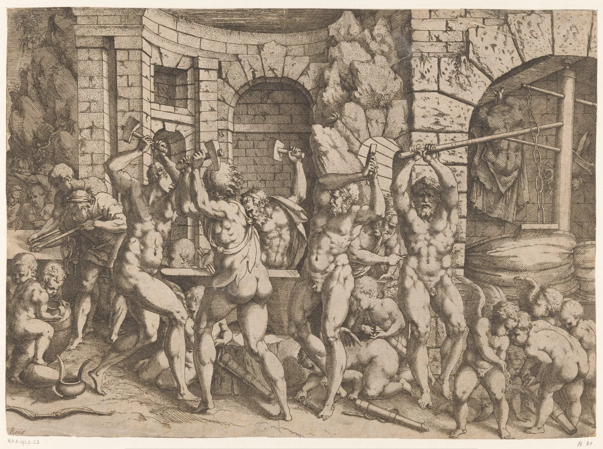 Cyclopen smeden pijlen voor Amor by anonymous, print, 1514