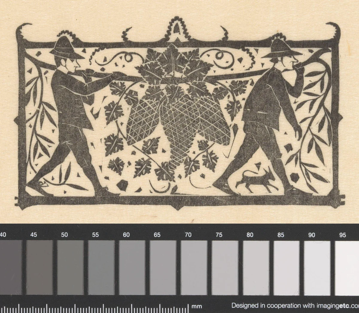 Titelhoofd met mannen die druiventrossen dragen by Gerrit Willem Dijsselhof, print, 1893