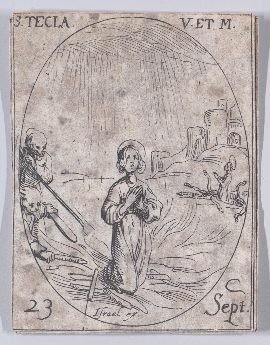 Ste. Thècle, vierge et martyre (St. Thecla, Virgin and Martyr), September 23rd, from "Les Images De Tous Les Saincts et Saintes de L'Année" (Images of All of the Saints and Religious Events of the Year) by Jacques Callot, print, 1636