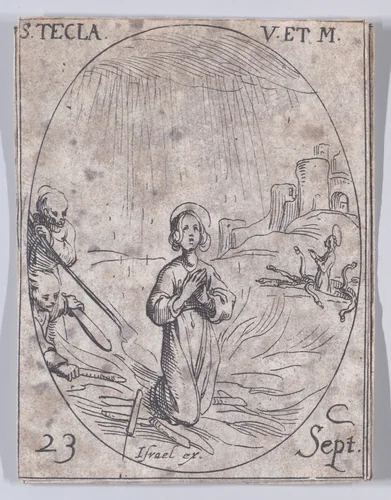 Ste. Thècle, vierge et martyre (St. Thecla, Virgin and Martyr), September 23rd, from "Les Images De Tous Les Saincts et Saintes de L'Année" (Images of All of the Saints and Religious Events of the Year) by Jacques Callot, print, 1636