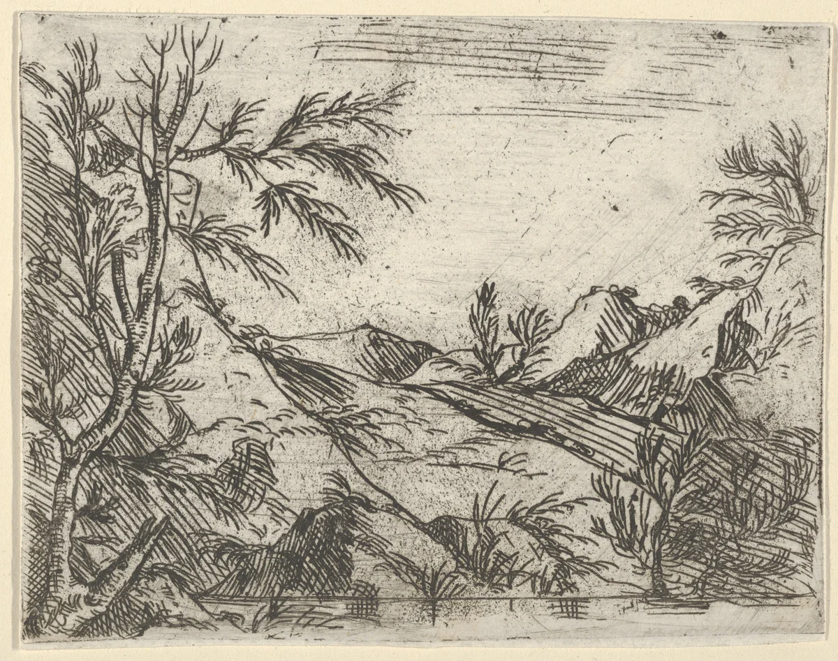A landscape with water in the foreground and mountains in the distance by Salvator Rosa, print, 1625-1673
