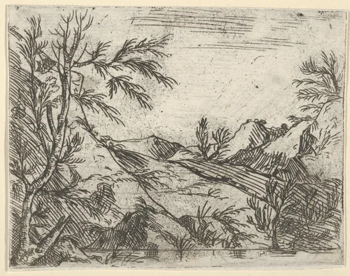 A landscape with water in the foreground and mountains in the distance by Salvator Rosa, print, 1625-1673