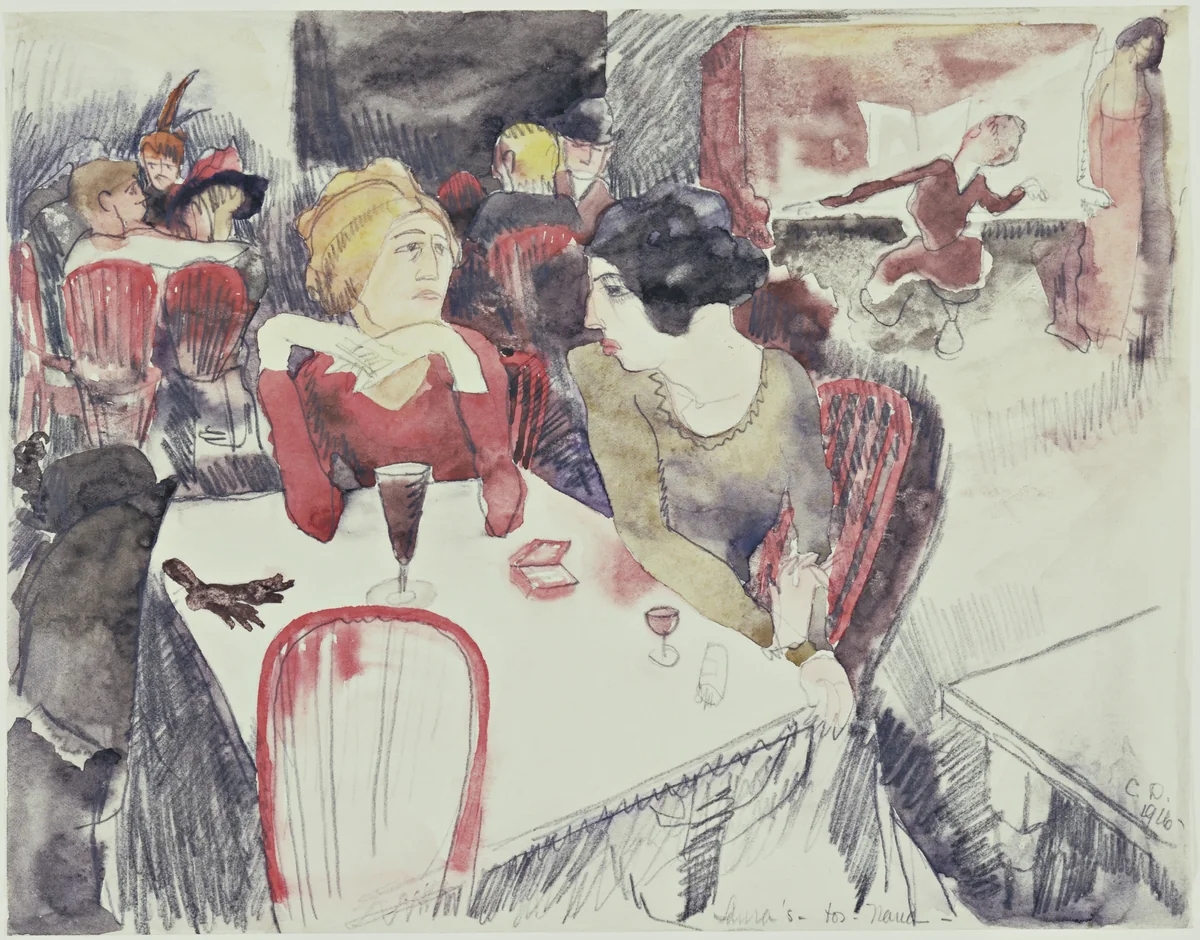 Nana (Seated Left) and Satin at Laure's Restaurant (Illustration for Emile Zola's Nana), by Charles Demuth, drawing, 1916