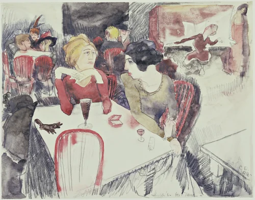 Nana (Seated Left) and Satin at Laure's Restaurant (Illustration for Emile Zola's Nana), by Charles Demuth, drawing, 1916