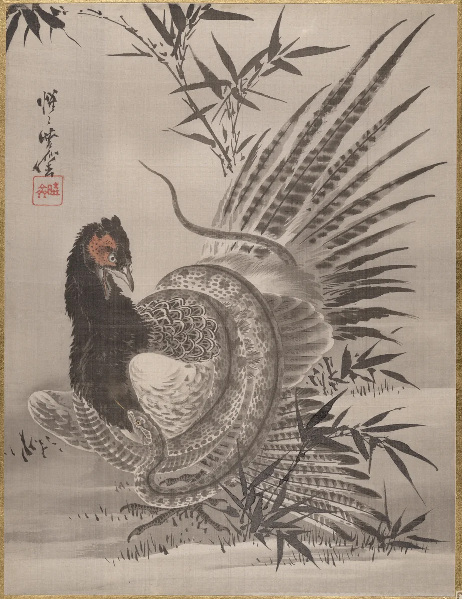 Pheasant Caught by a Snake by Kawanabe Kyōsai (河鍋暁斎), painting, 1877-1897
