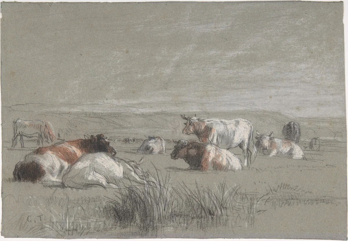 Cows in a Landscape by Constant Troyon, drawing, 1825-1865