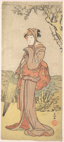Iwai Kiyotaro as a Woman Standing under a Plum Tree by Katsukawa Shunkō (勝川春好), print, 1778-1798