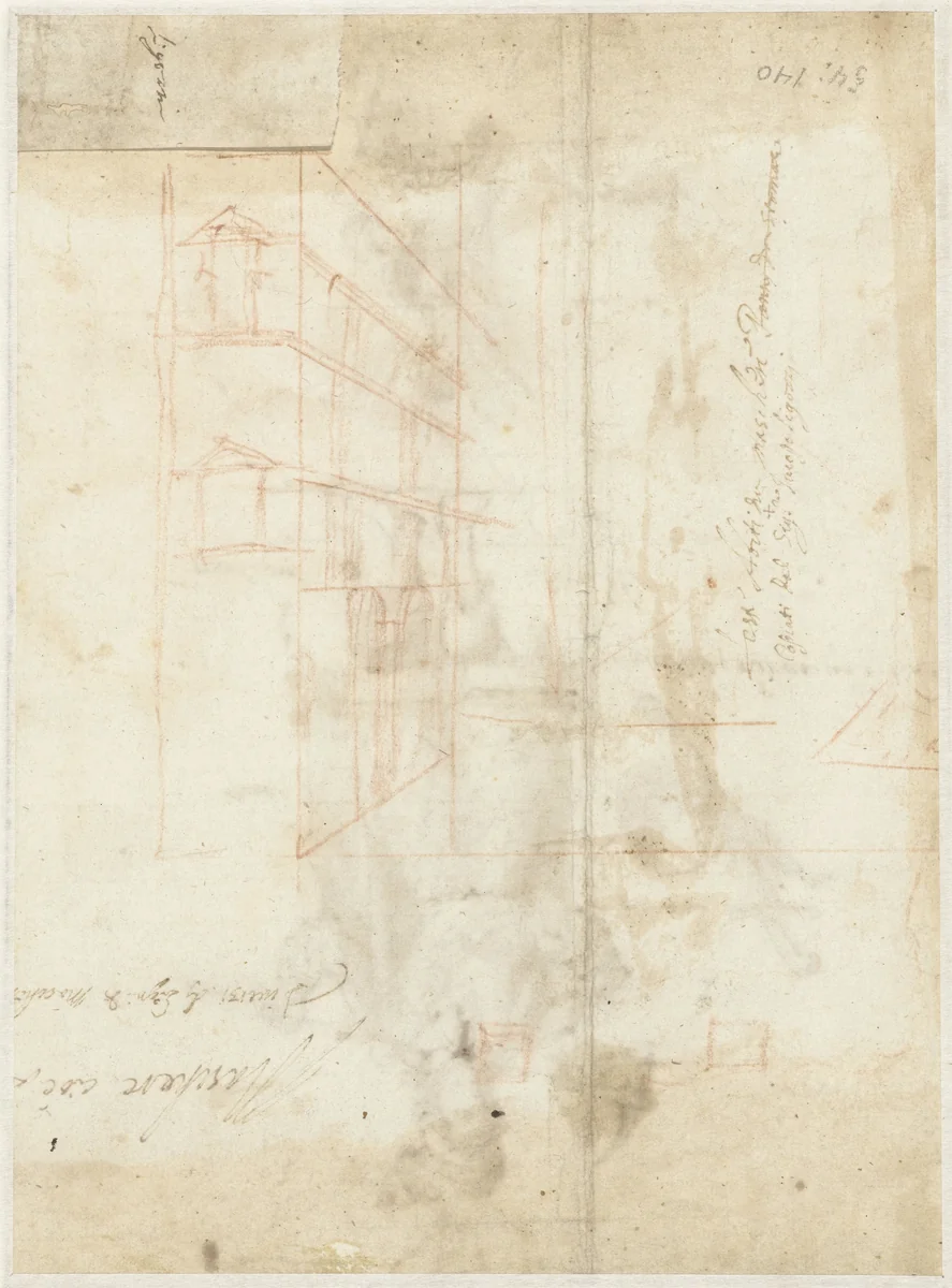 Perspectivische studies van een gebouw by anonymous, drawing, 1557-1640