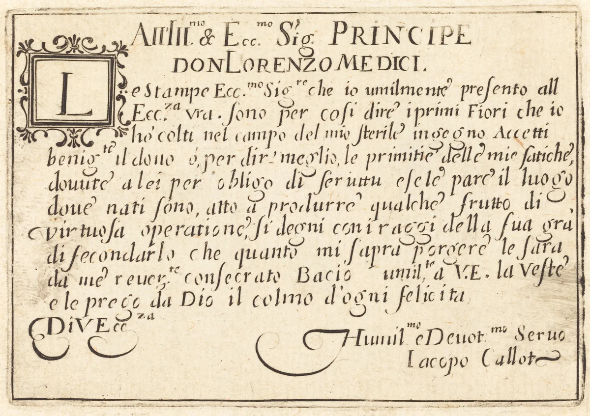 Dedication to Don Lorenzo de' Medici by Jacques Callot, print, 1622