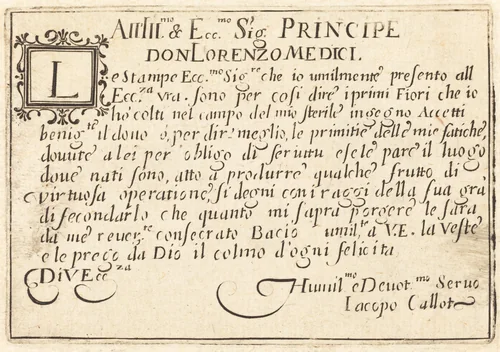 Dedication to Don Lorenzo de' Medici by Jacques Callot, print, 1622