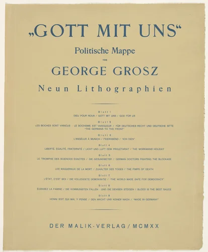 Table of contents from the portfolio Got mit uns (God with Us) by George Grosz, print, 1920