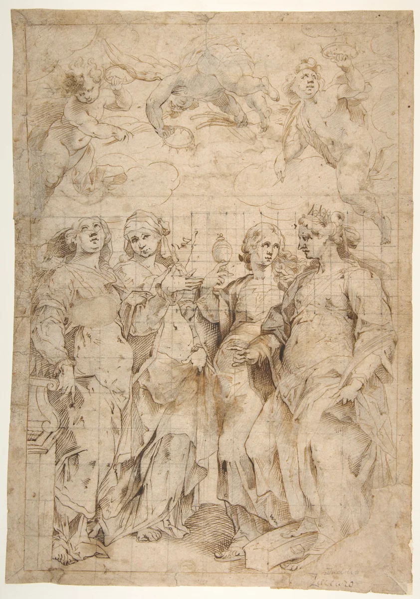 Saint Cecilia, Saint Mary Magdalen, Saint Catherine of Alexandria, and Saint Agnes, Angels with Palm Branches and Crowns Above (recto); Sketches of Three Standing Figures and Arithmetic Calculations (verso) by Panfilo Nuvolone, drawing, 1604-1614