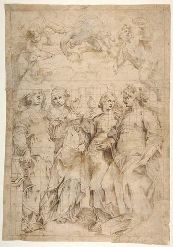 Saint Cecilia, Saint Mary Magdalen, Saint Catherine of Alexandria, and Saint Agnes, Angels with Palm Branches and Crowns Above (recto); Sketches of Three Standing Figures and Arithmetic Calculations (verso) by Panfilo Nuvolone, drawing, 1604-1614