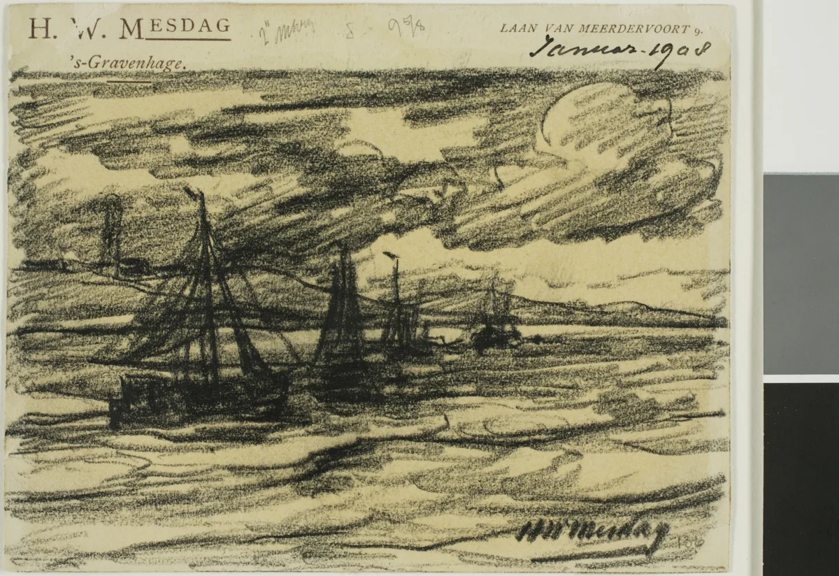 Ships at Sea by Hendrik Willem Mesdag, drawing, 1908