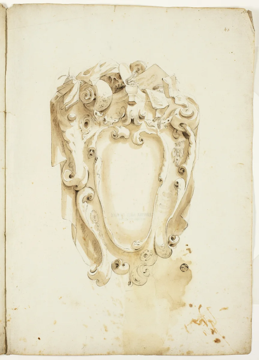 Design for Escutcheon, with Artist's Instruments by Unknown Artist, drawing, 1600-1699